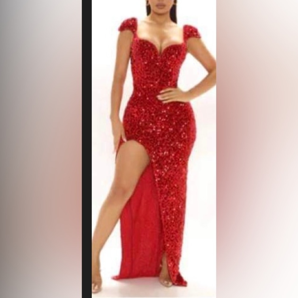 Red long sequin gown with split